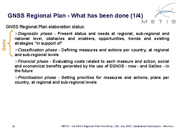 GNSS Regional Plan - What has been done (1/4) Done GNSS Regional Plan elaboration