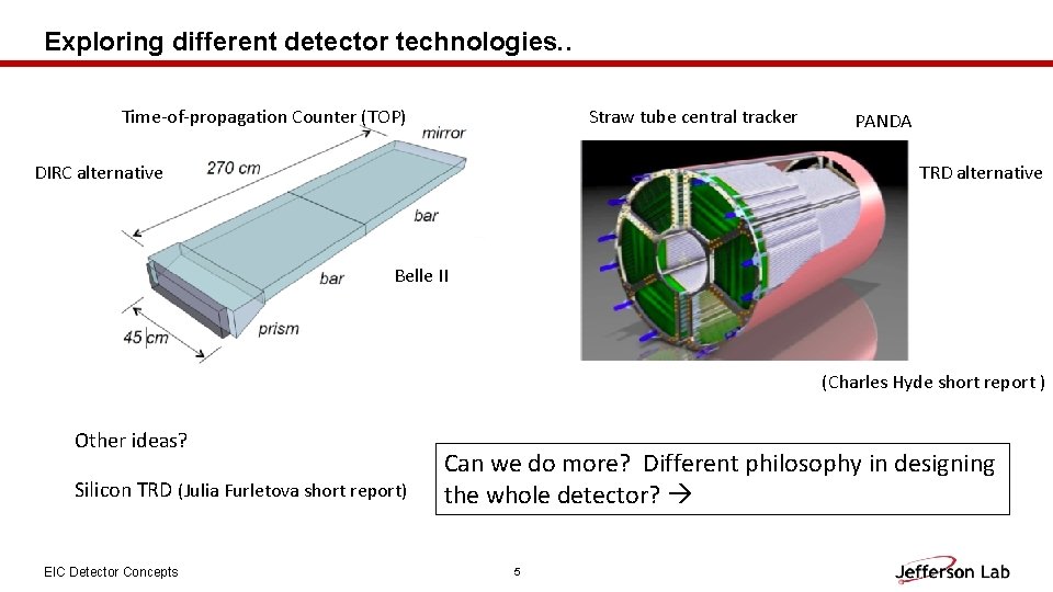 Exploring different detector technologies. . Time-of-propagation Counter (TOP) Straw tube central tracker DIRC alternative