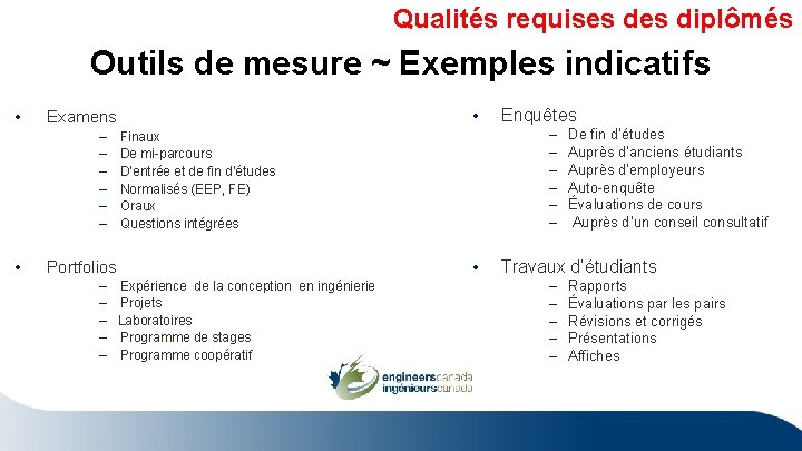 Qualités requises diplômés Outils de mesure ~ Exemples indicatifs • – – – •