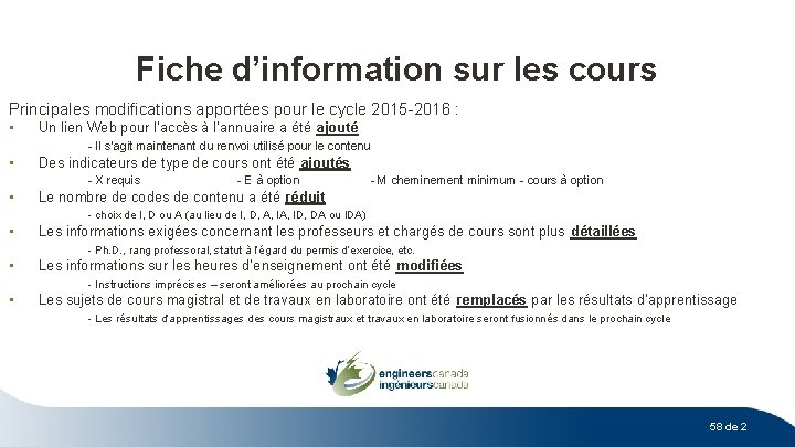 Fiche d’information sur les cours Principales modifications apportées pour le cycle 2015 -2016 : Fiche d’information sur les cours Principales modifications apportées pour le cycle 2015 -2016 :