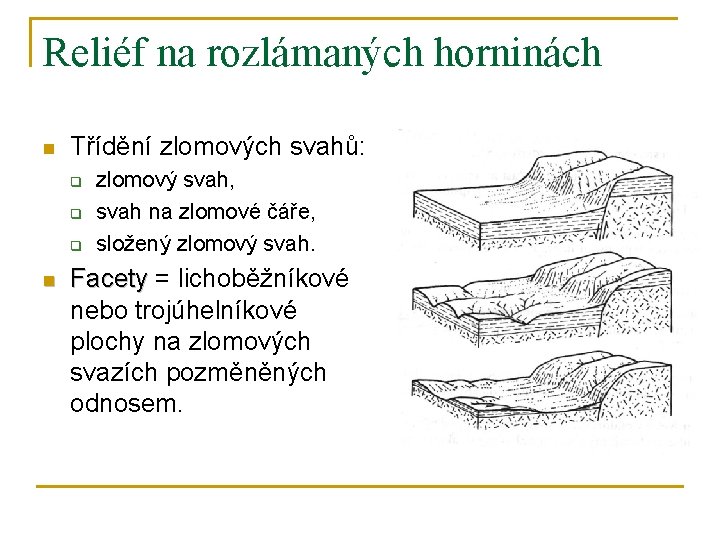 Reliéf na rozlámaných horninách n Třídění zlomových svahů: q q q n zlomový svah,