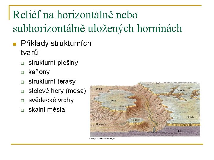 Reliéf na horizontálně nebo subhorizontálně uložených horninách n Příklady strukturních tvarů: q q q