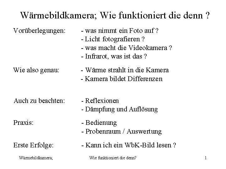 Wärmebildkamera; Wie funktioniert die denn ? Vorüberlegungen: - was nimmt ein Foto auf ?