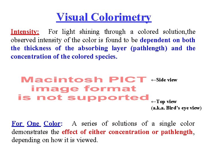 Visual Colorimetry Intensity: For light shining through a colored solution, the observed intensity of