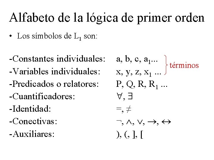 Alfabeto de la lógica de primer orden • Los símbolos de L 1 son: