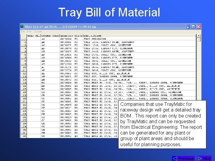 Tray Bill of Material Companies that use Tray. Matic for raceway design will get