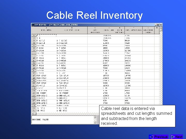 Cable Reel Inventory Cable reel data is entered via spreadsheets and cut lengths summed