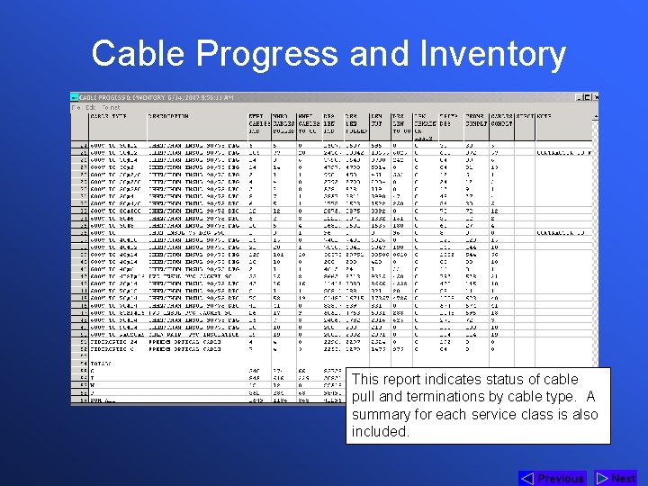 Cable Progress and Inventory This report indicates status of cable pull and terminations by