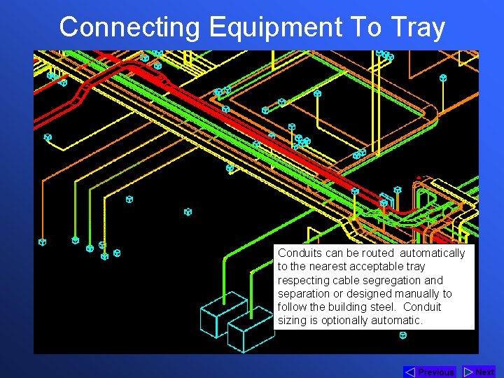 Connecting Equipment To Tray Conduits can be routed automatically to the nearest acceptable tray