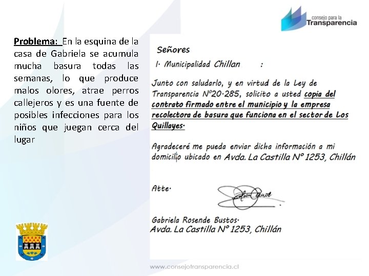 Problema: En la esquina de la casa de Gabriela se acumula mucha basura todas