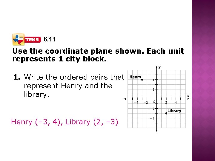 6. 11 Use the coordinate plane shown. Each unit represents 1 city block. 1.