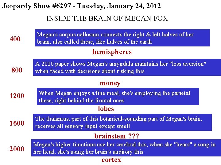 Jeopardy Show #6297 - Tuesday, January 24, 2012 INSIDE THE BRAIN OF MEGAN FOX