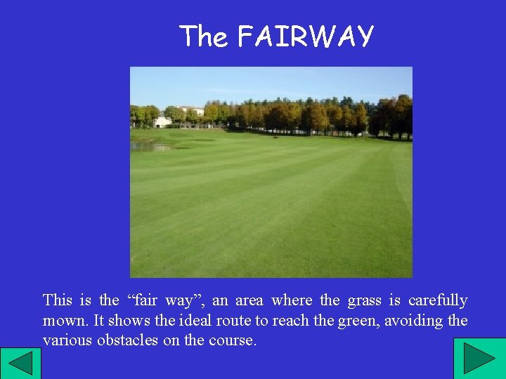 The FAIRWAY This is the “fair way”, an area where the grass is carefully