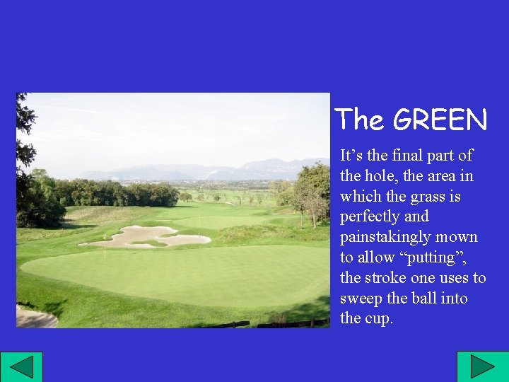 The GREEN It’s the final part of the hole, the area in which the