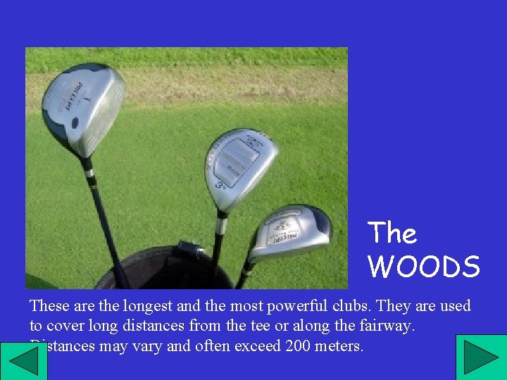 The WOODS These are the longest and the most powerful clubs. They are used