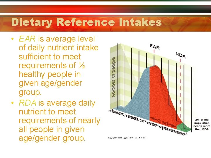 Dietary Reference Intakes • EAR is average level of daily nutrient intake sufficient to