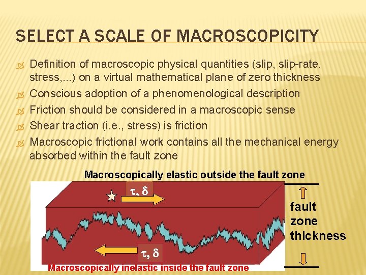 SELECT A SCALE OF MACROSCOPICITY Definition of macroscopic physical quantities (slip, slip-rate, stress, .