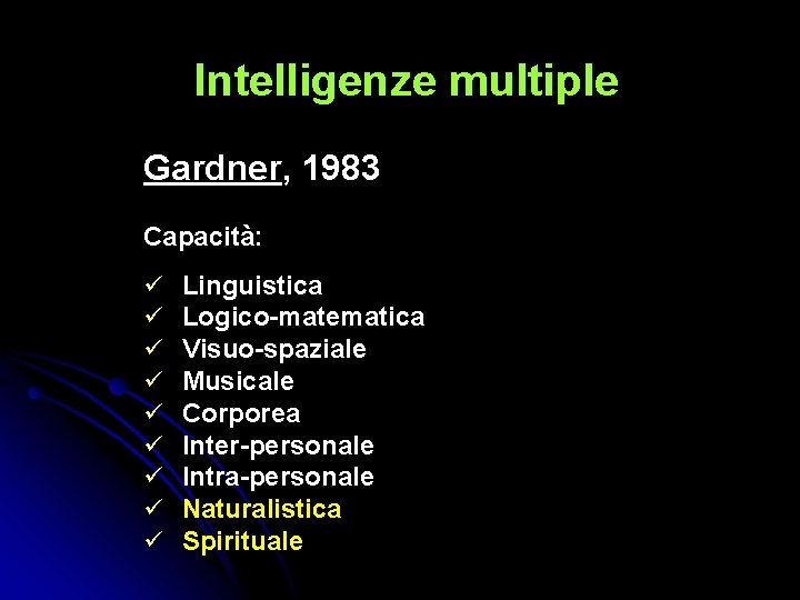 Intelligenze multiple Gardner, 1983 Capacità: Linguistica Logico-matematica Visuo-spaziale Musicale Corporea Inter-personale Intra-personale Naturalistica Spirituale Intelligenze multiple Gardner, 1983 Capacità: Linguistica Logico-matematica Visuo-spaziale Musicale Corporea Inter-personale Intra-personale Naturalistica Spirituale