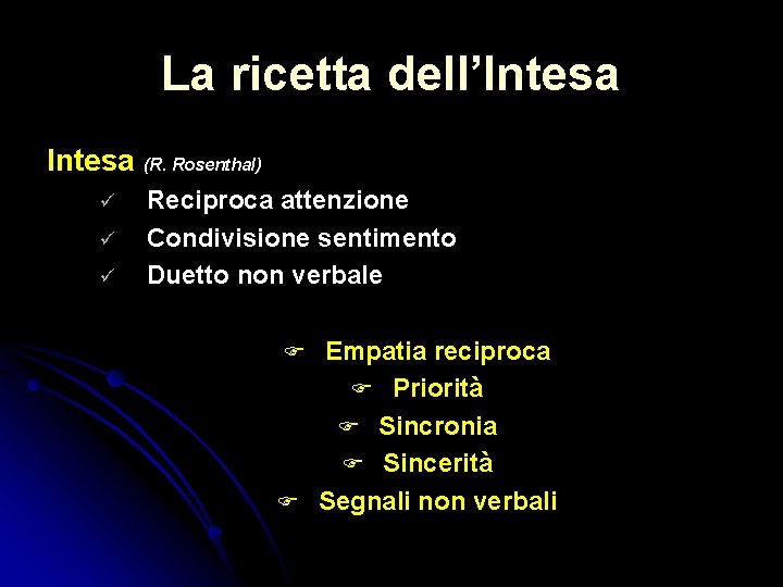 La ricetta dell’Intesa (R. Rosenthal) Reciproca attenzione Condivisione sentimento Duetto non verbale Empatia reciproca La ricetta dell’Intesa (R. Rosenthal) Reciproca attenzione Condivisione sentimento Duetto non verbale Empatia reciproca