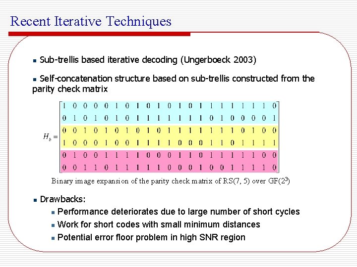 Recent Iterative Techniques n Sub-trellis based iterative decoding (Ungerboeck 2003) Self-concatenation structure based on