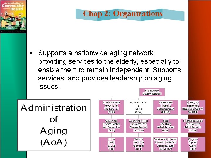 Chap 2: Organizations • Supports a nationwide aging network, providing services to the elderly,