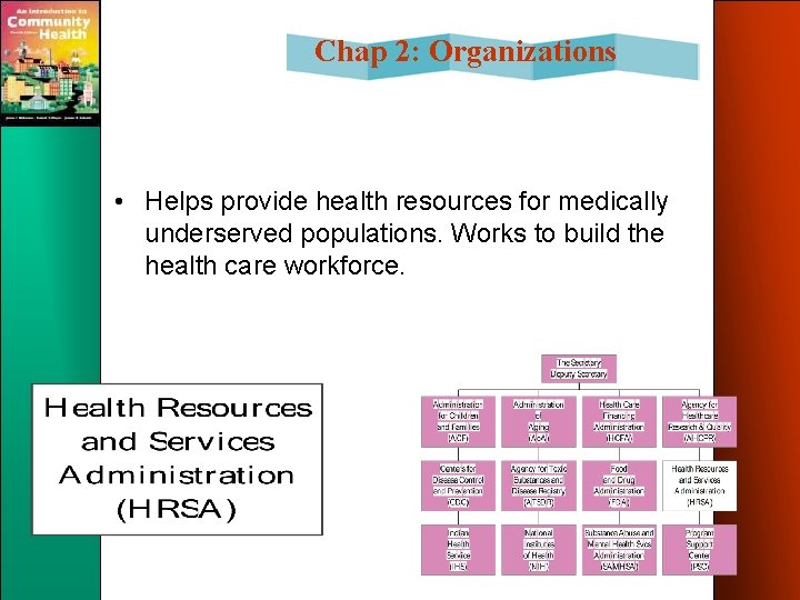 Chap 2: Organizations • Helps provide health resources for medically underserved populations. Works to