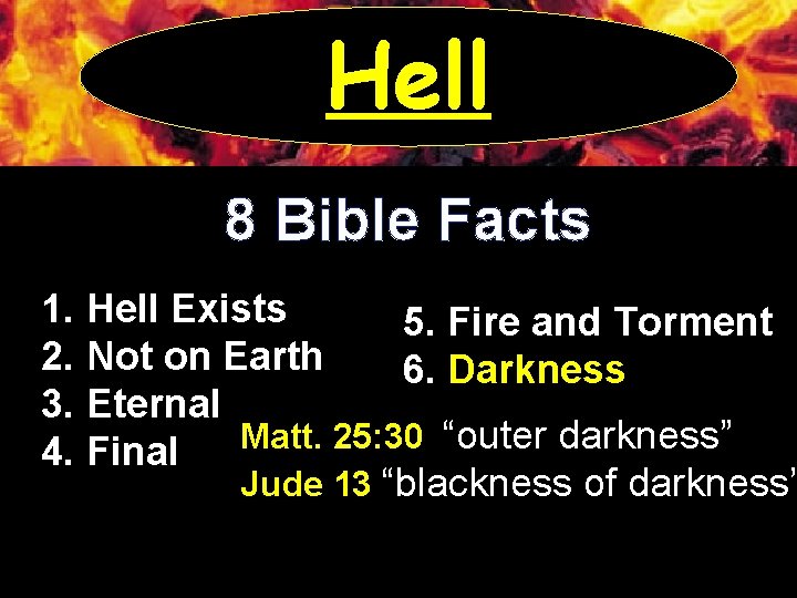 Hell 8 Bible Facts 1. Hell Exists 5. Fire and Torment 2. Not on