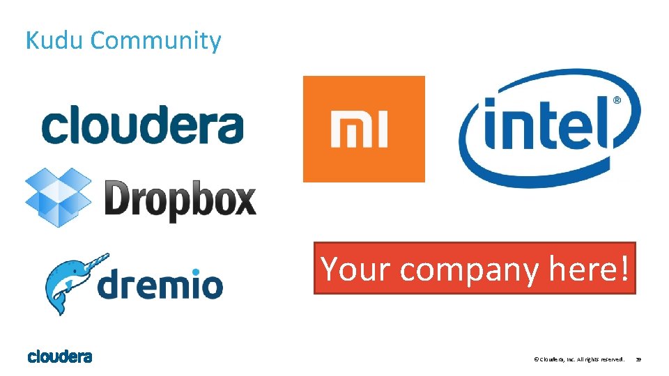 Kudu Community Your company here! © Cloudera, Inc. All rights reserved. 39 Kudu Community Your company here! © Cloudera, Inc. All rights reserved. 39