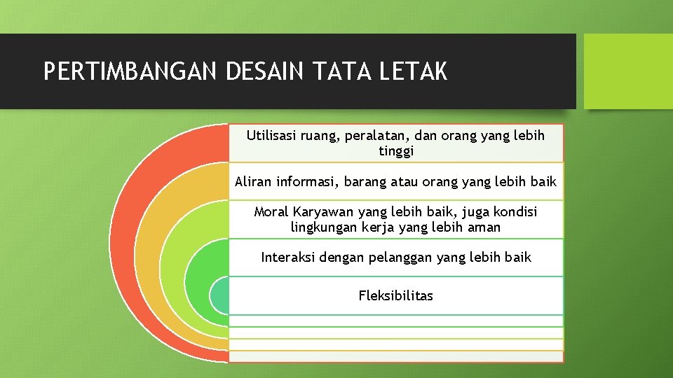 PERTIMBANGAN DESAIN TATA LETAK Utilisasi ruang, peralatan, dan orang yang lebih tinggi Aliran informasi,