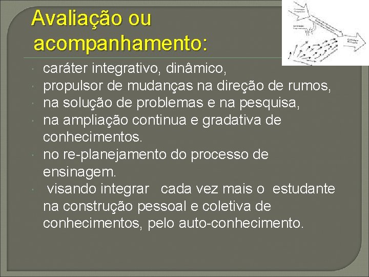 Avaliação ou acompanhamento: caráter integrativo, dinâmico, propulsor de mudanças na direção de rumos, na