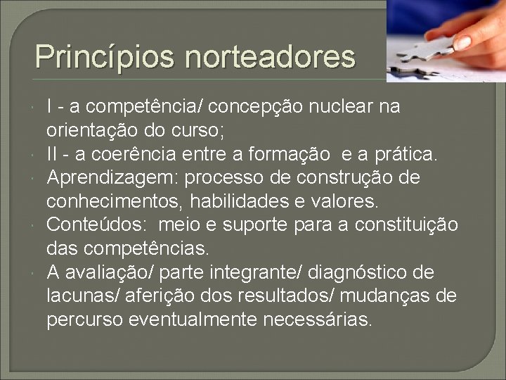 Princípios norteadores I - a competência/ concepção nuclear na orientação do curso; II -