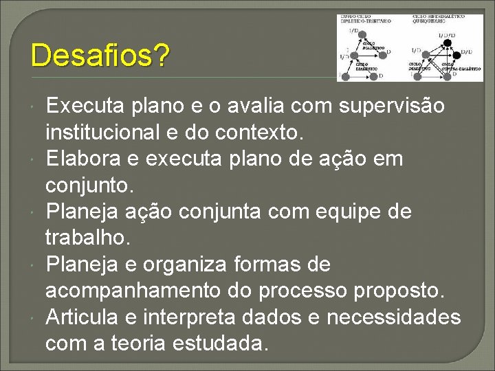 Desafios? Executa plano e o avalia com supervisão institucional e do contexto. Elabora e