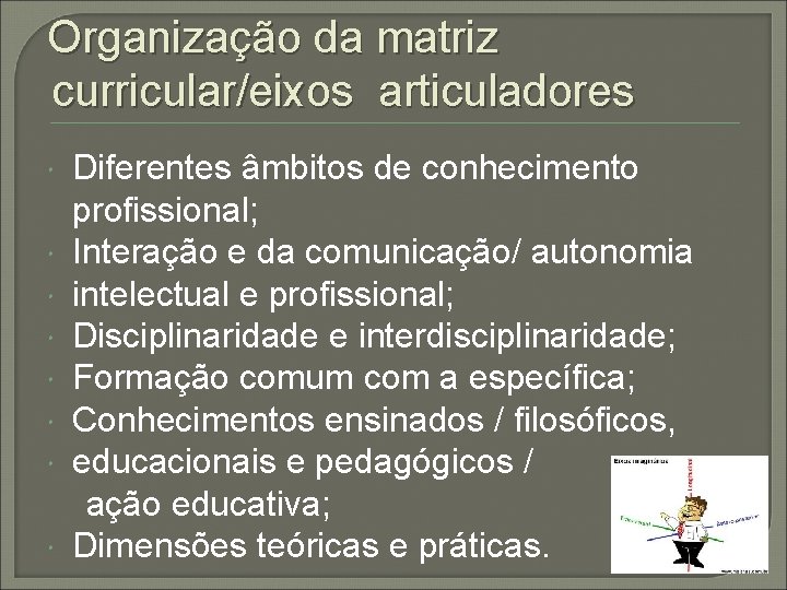 Organização da matriz curricular/eixos articuladores Diferentes âmbitos de conhecimento profissional; Interação e da comunicação/