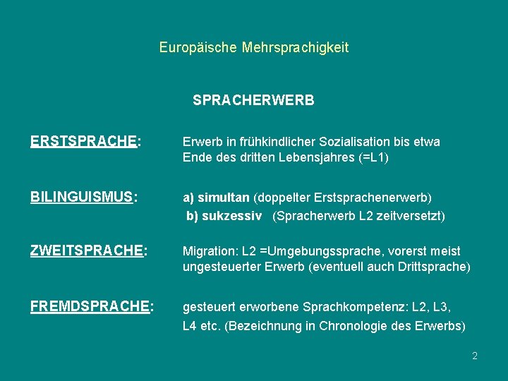 Europäische Mehrsprachigkeit SPRACHERWERB ERSTSPRACHE: Erwerb in frühkindlicher Sozialisation bis etwa Ende des dritten Lebensjahres