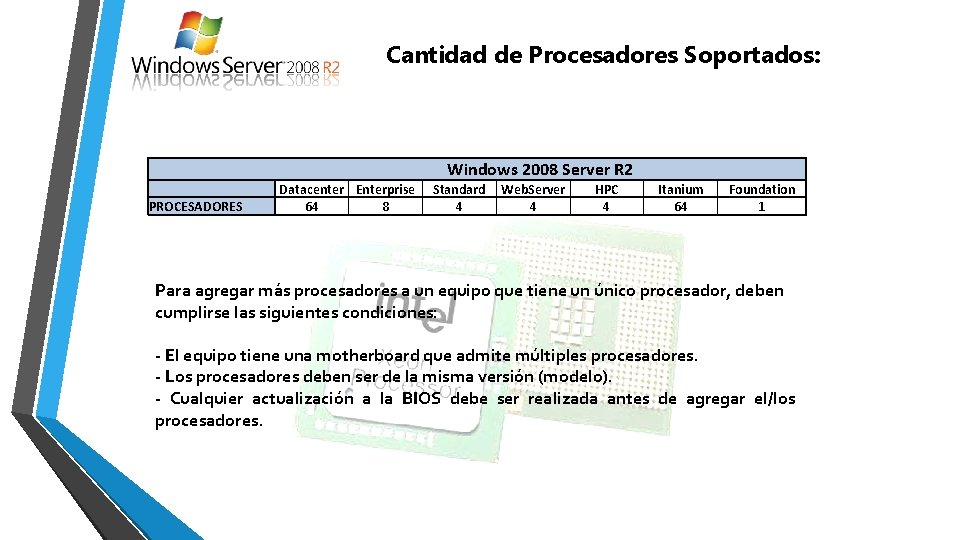 Cantidad de Procesadores Soportados: PROCESADORES Windows 2008 Server R 2 Datacenter Enterprise 64 8