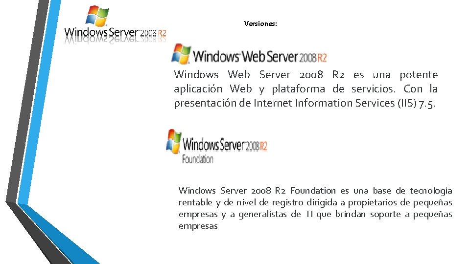 Versiones: Windows Web Server 2008 R 2 es una potente aplicación Web y plataforma