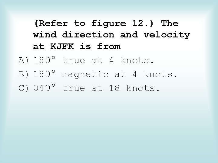 (Refer to figure 12. ) The wind direction and velocity at KJFK is from