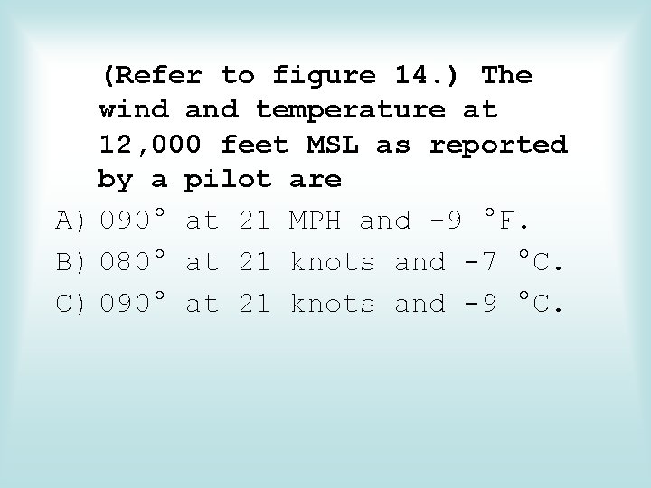 (Refer to figure 14. ) The wind and temperature at 12, 000 feet MSL