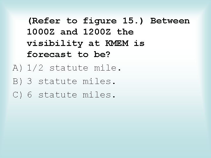 (Refer to figure 15. ) Between 1000 Z and 1200 Z the visibility at