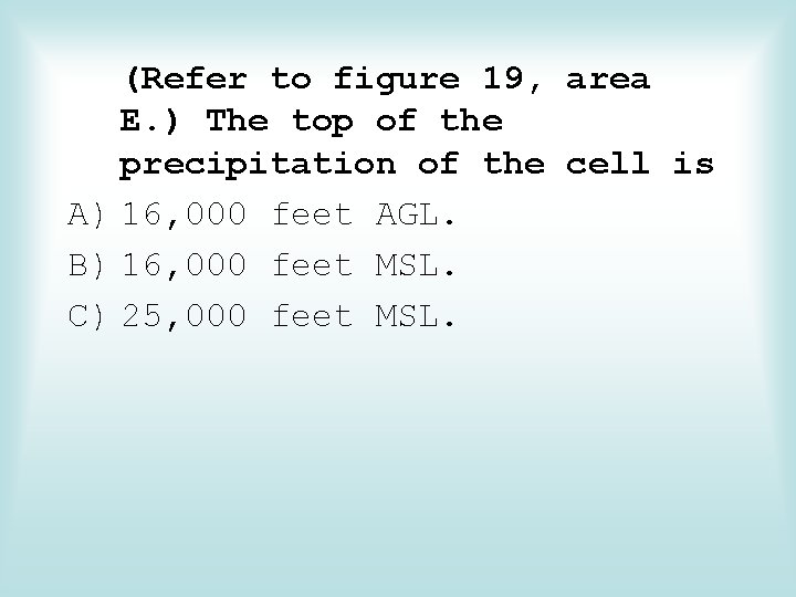 (Refer to figure 19, area E. ) The top of the precipitation of the