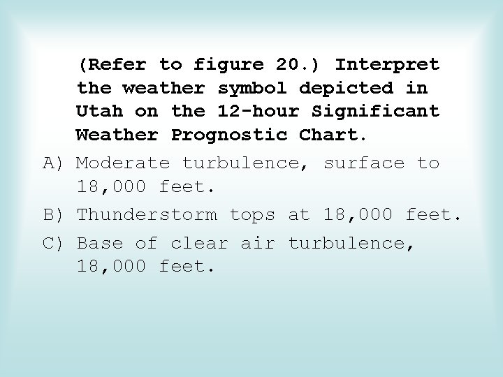 (Refer to figure 20. ) Interpret the weather symbol depicted in Utah on the