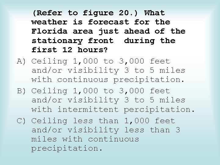 (Refer to figure 20. ) What weather is forecast for the Florida area just