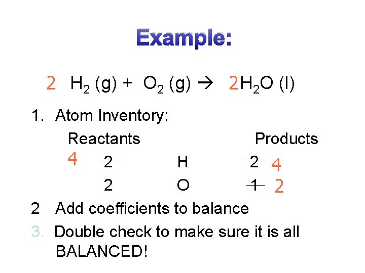 Example: 2 H 2 (g) + O 2 (g) 2 H 2 O (l)