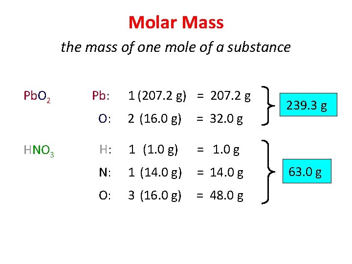 Molar Mass the mass of one mole of a substance Pb. O 2 HNO