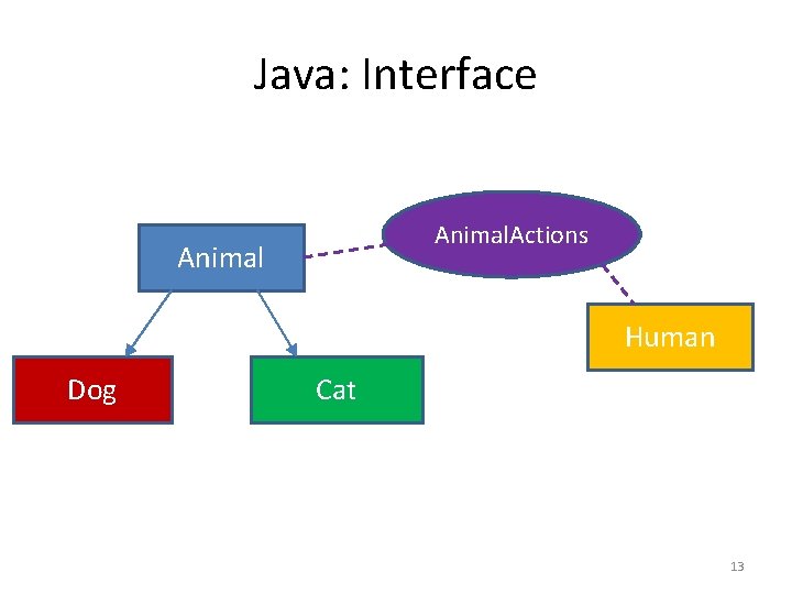 Java: Interface Animal. Actions Animal Human Dog Cat 13 