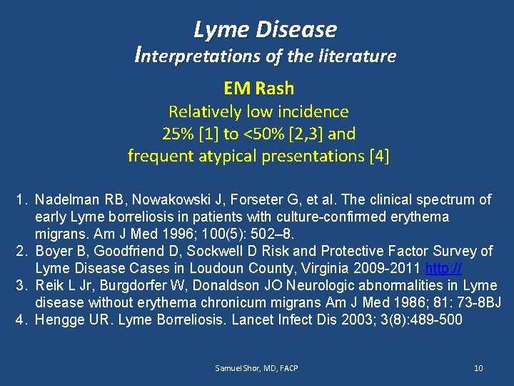 Lyme Disease Interpretations of the literature EM Rash Relatively low incidence 25% [1] to