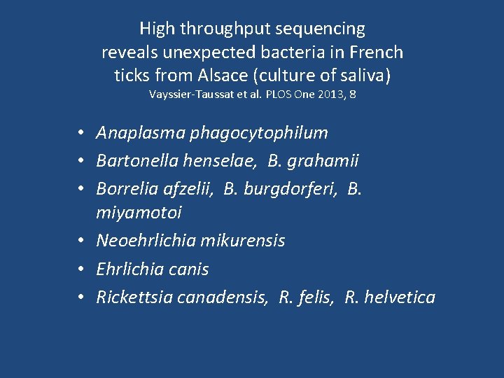 High throughput sequencing reveals unexpected bacteria in French ticks from Alsace (culture of saliva)