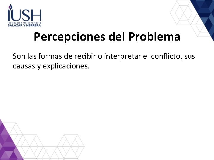 Percepciones del Problema Son las formas de recibir o interpretar el conflicto, sus causas