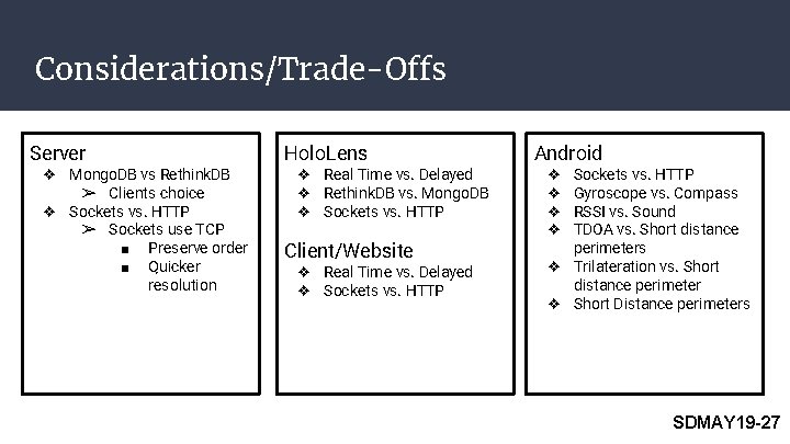 Considerations/Trade-Offs Server ❖ Mongo. DB vs Rethink. DB ➢ Clients choice ❖ Sockets vs. Considerations/Trade-Offs Server ❖ Mongo. DB vs Rethink. DB ➢ Clients choice ❖ Sockets vs.