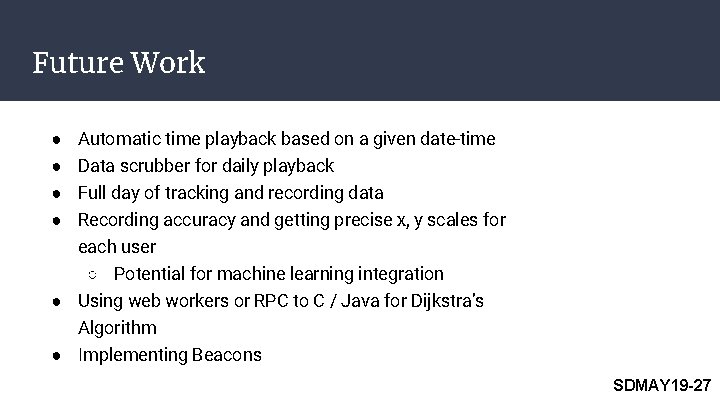 Future Work Automatic time playback based on a given date-time Data scrubber for daily Future Work Automatic time playback based on a given date-time Data scrubber for daily